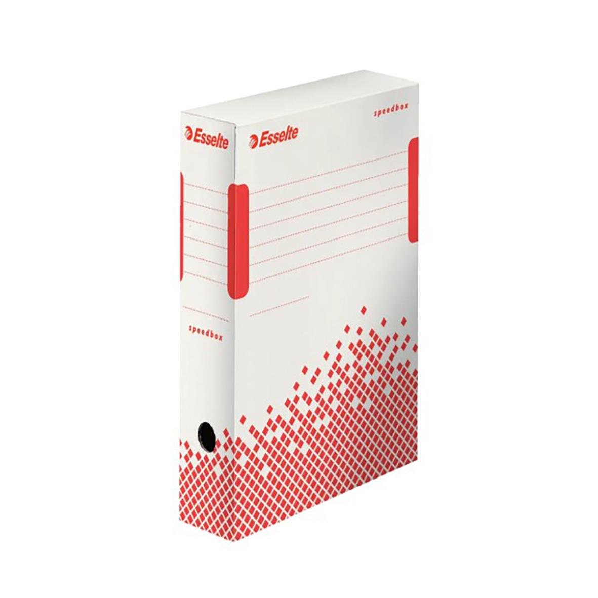 Arkivbox Esselte Speedbox A4 i vitt med rosa och röda detaljer