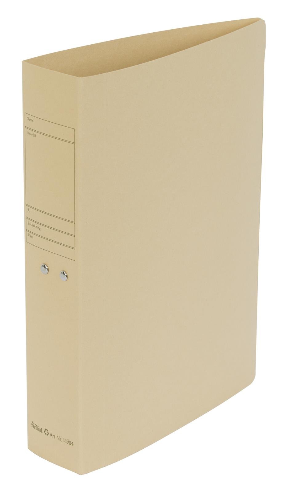 Arkivpärm i kartong för A4-ark, beige färg, med etikettfönster och metallklämmor