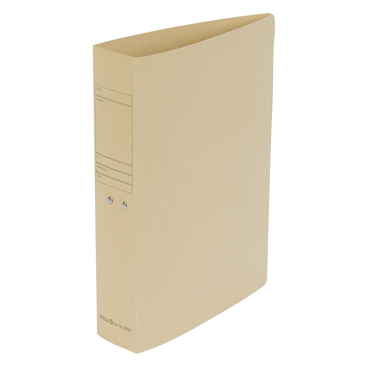 Arkivpärm i kartong för A4-ark, beige färg, med etikettfönster och metallklämmor
