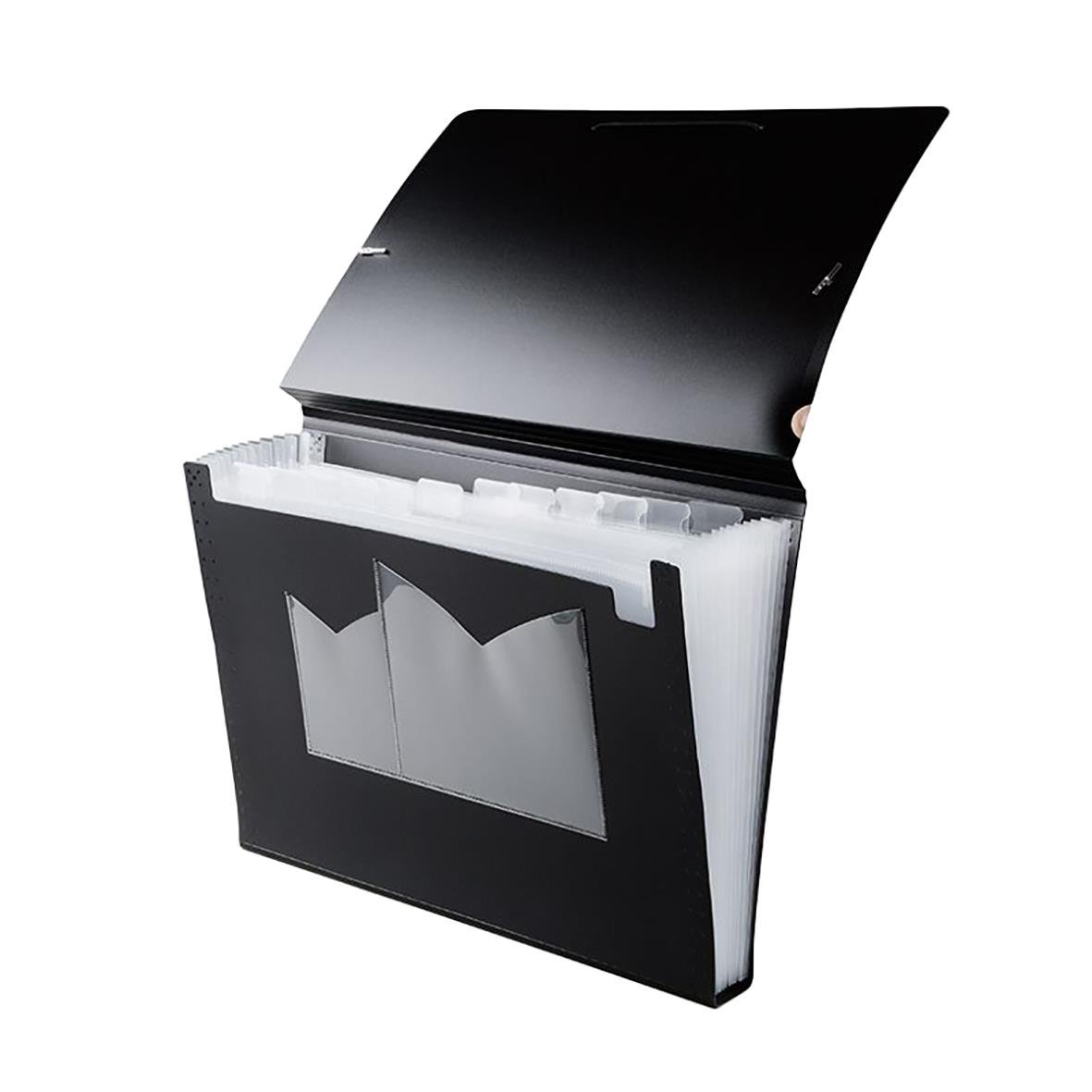 Svart A4-arkivmapp med 13 fickor och lock, för dokumentförvaring