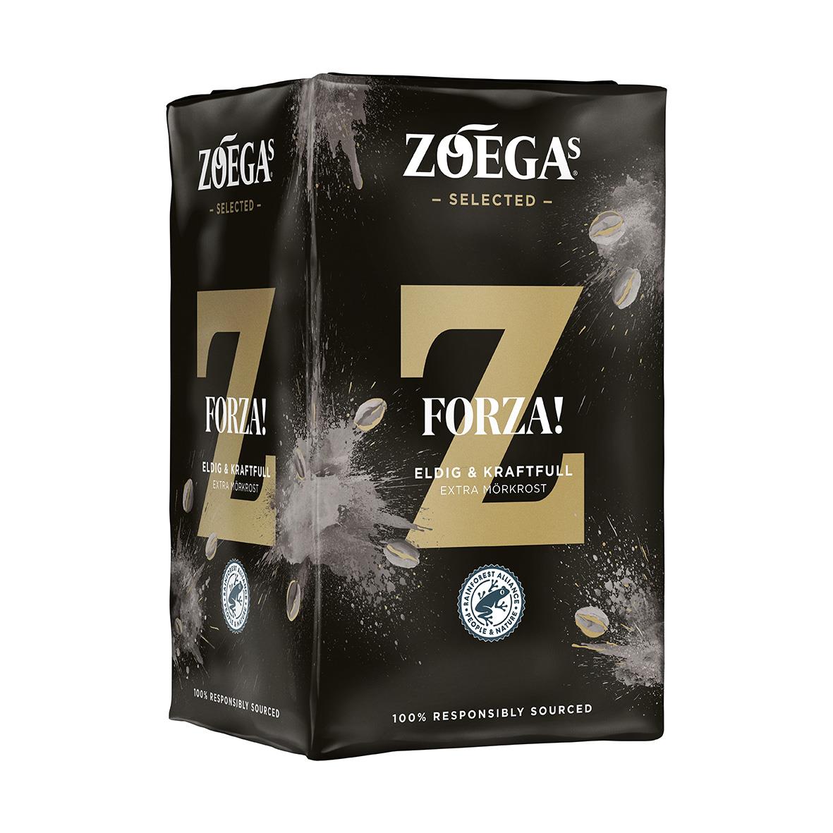 Svart kaffepaket Zoégas Forza Brygg 450g med gul text och logo
