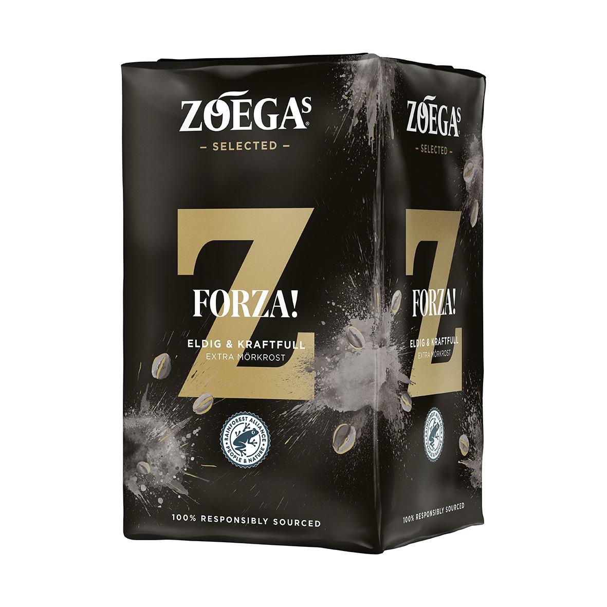 Svart kaffepaket Zoégas Forza Brygg 450g med guld- och svart design