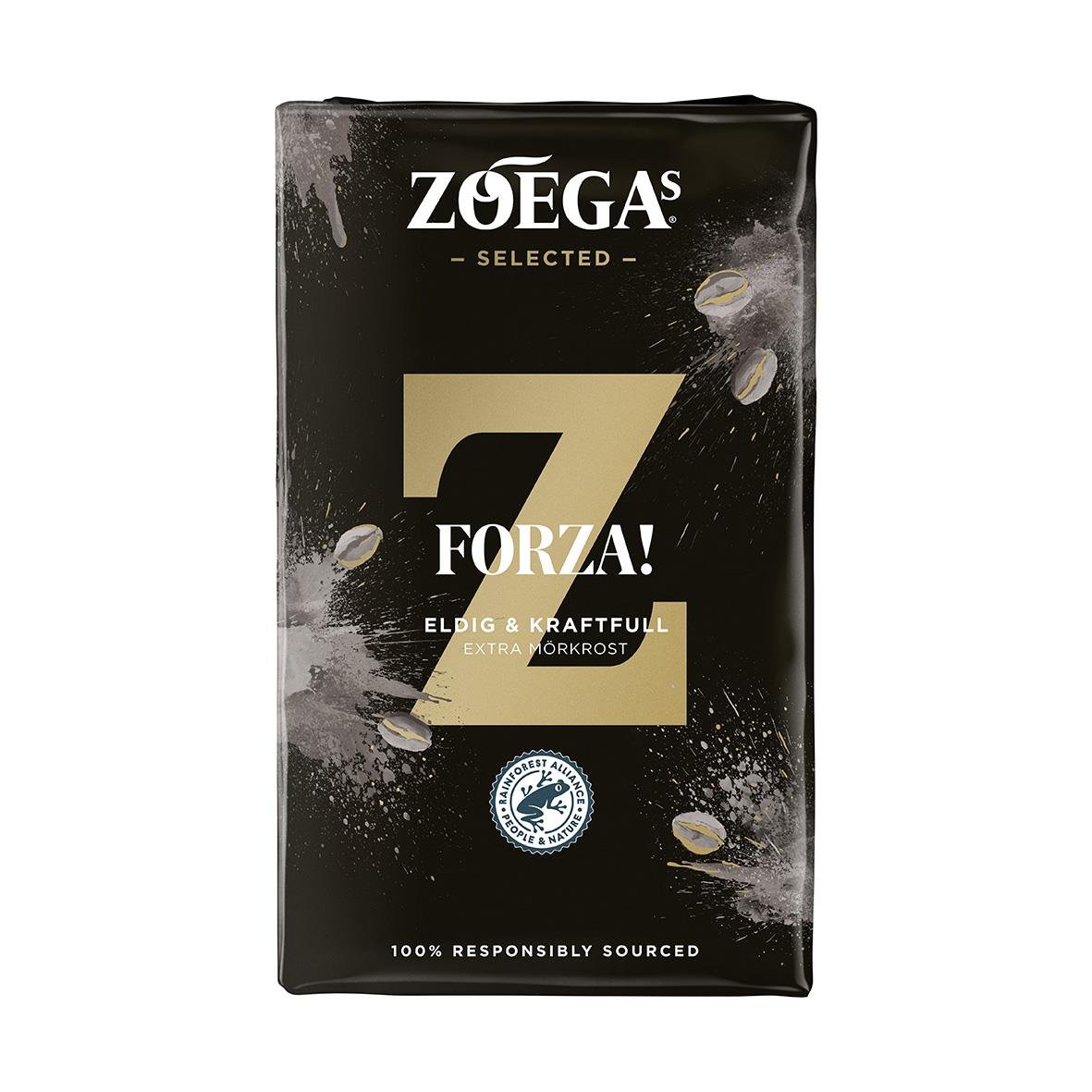 Svart kaffepåse Zoégas Forza Brygg 450g med guld- och vittext samt kaffebönor på förpackningen
