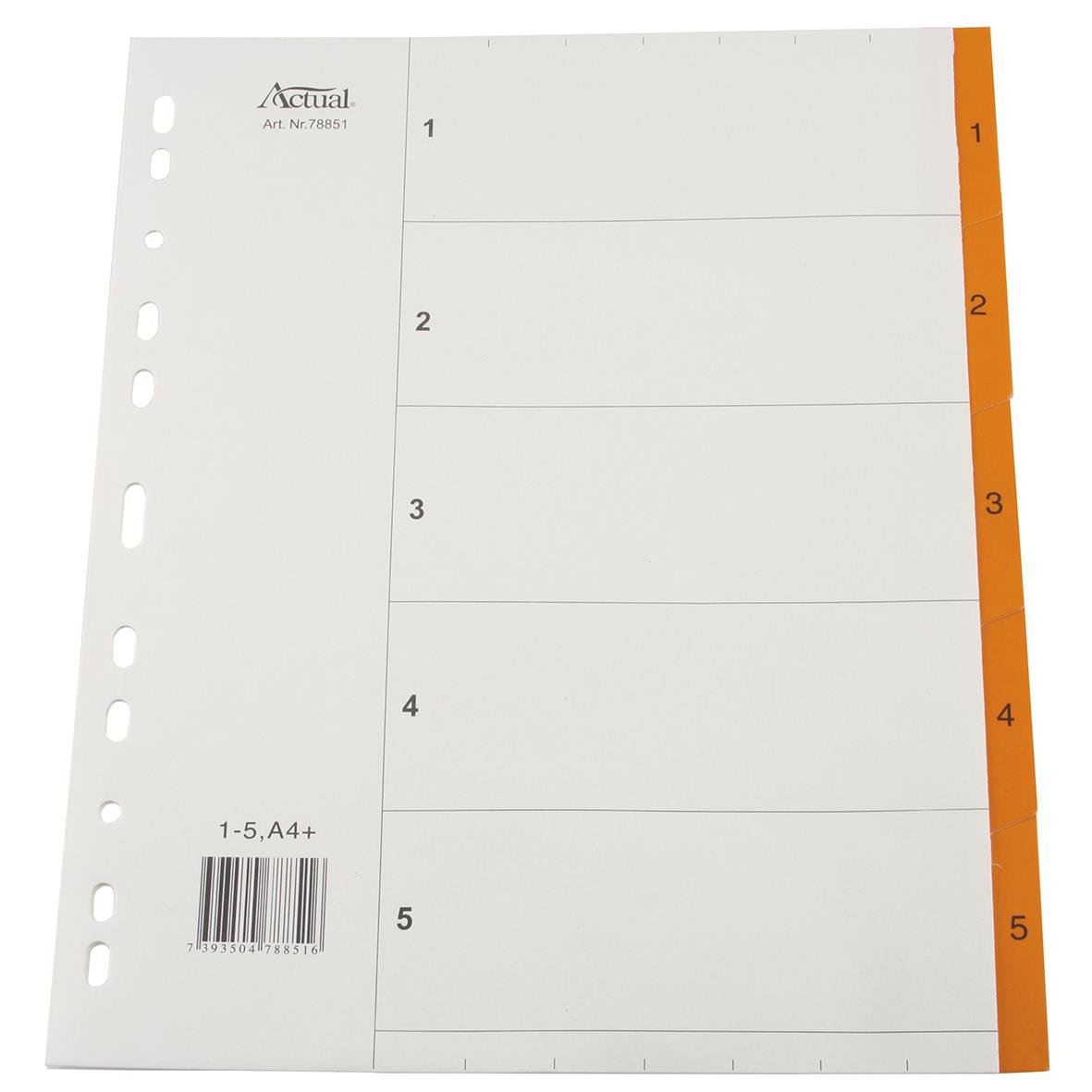 Pärmregister med plastförstärkta flikar 1-5 A4+ i vitt med orange numrerad flik