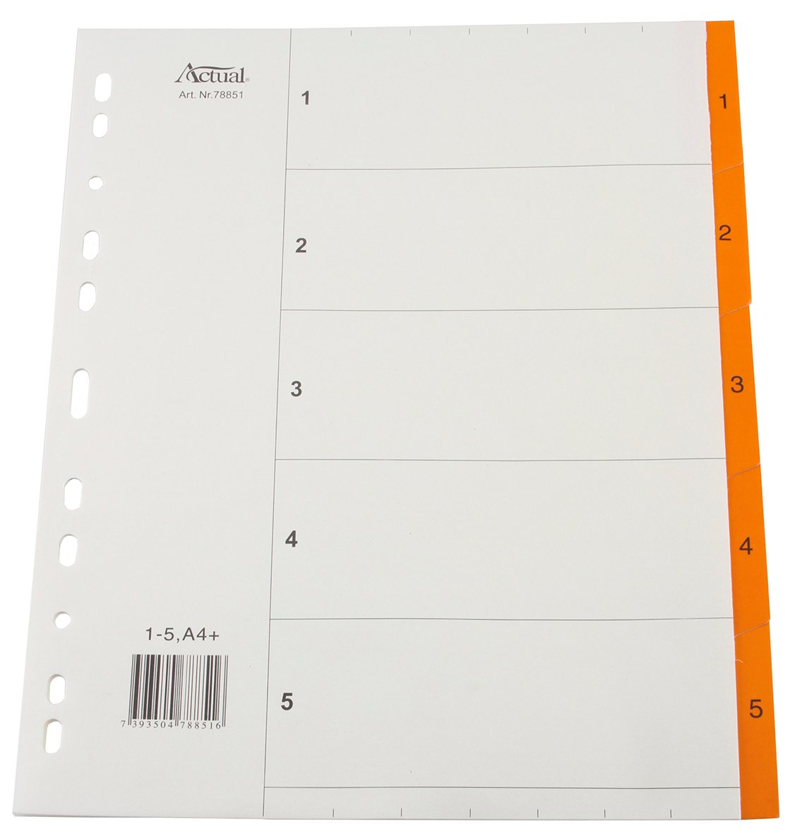 Pärmregister med plastförstärkta flikar 1-5 A4+ i vitt med orange numrerad flik