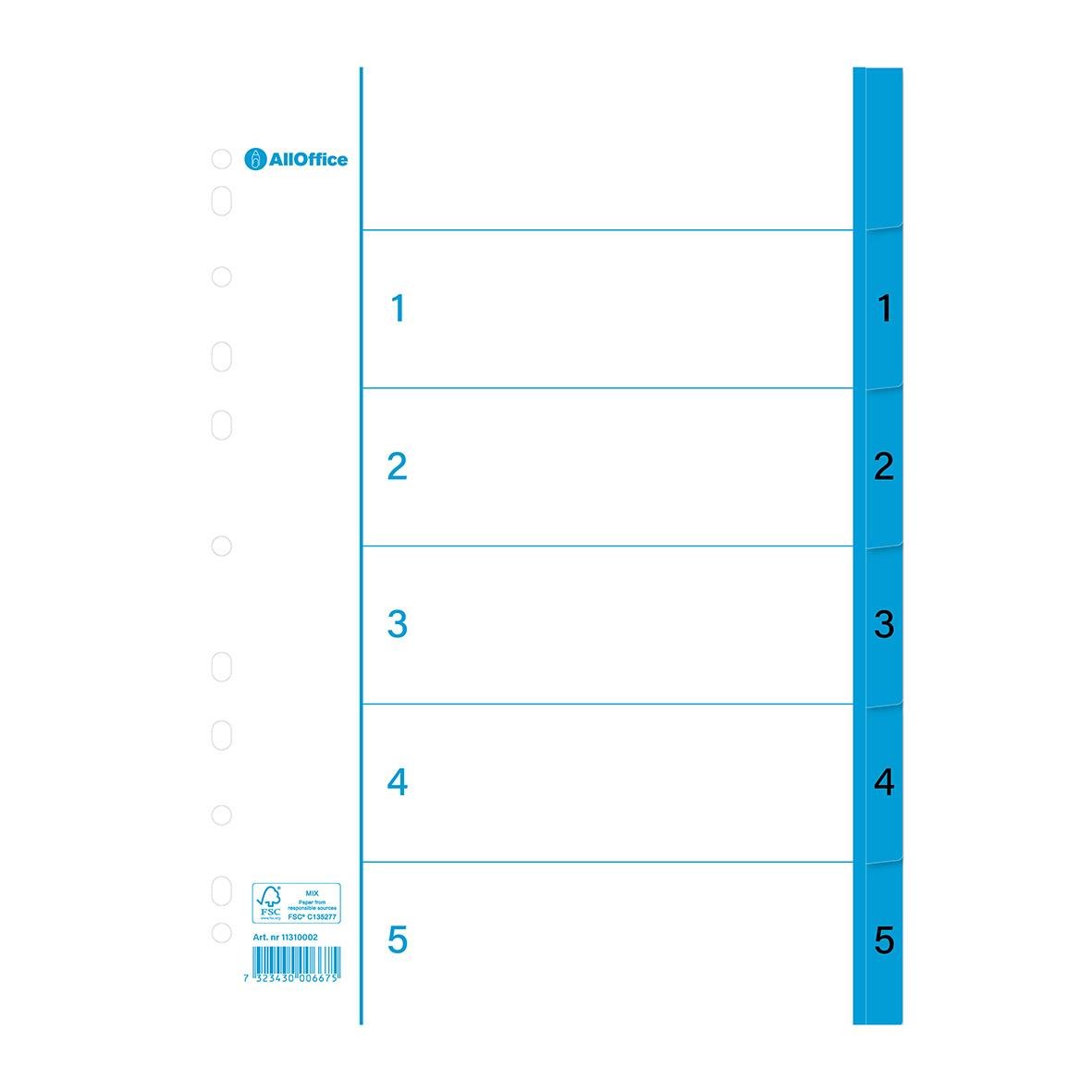 Pärmregister för papper 1-5 A4 i blå nyanser, organiserad i kolumner och rader