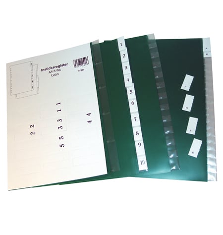 Grönt A4 pärmregister med 12 flikar och etiketter för insättning
