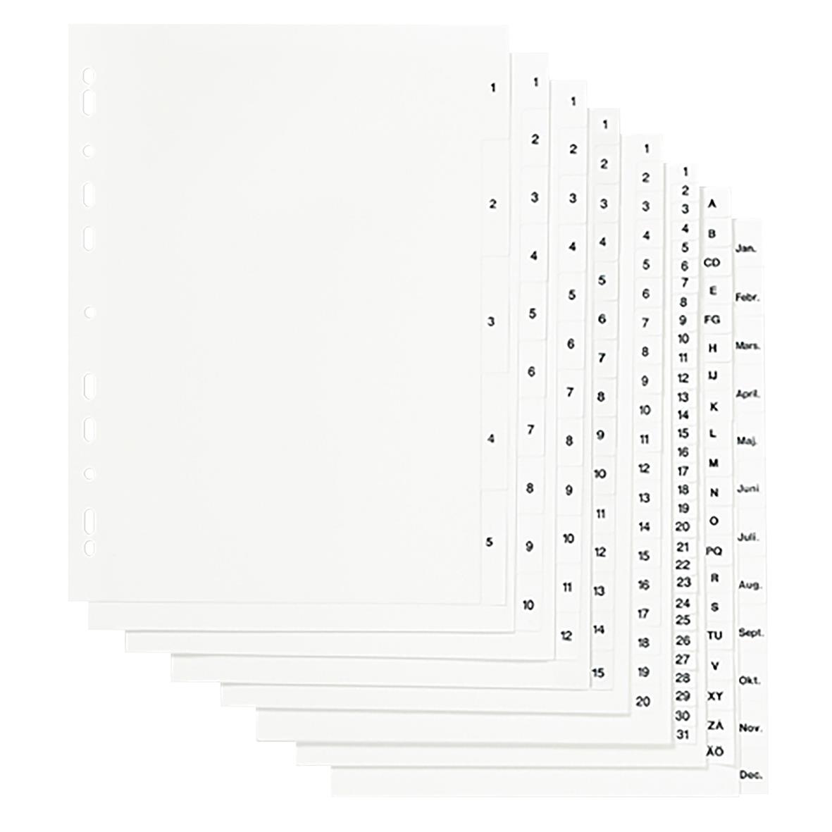 Pärmregister i plast för januari till december, A4-format, med färgade flikar och alfabetisk indelning