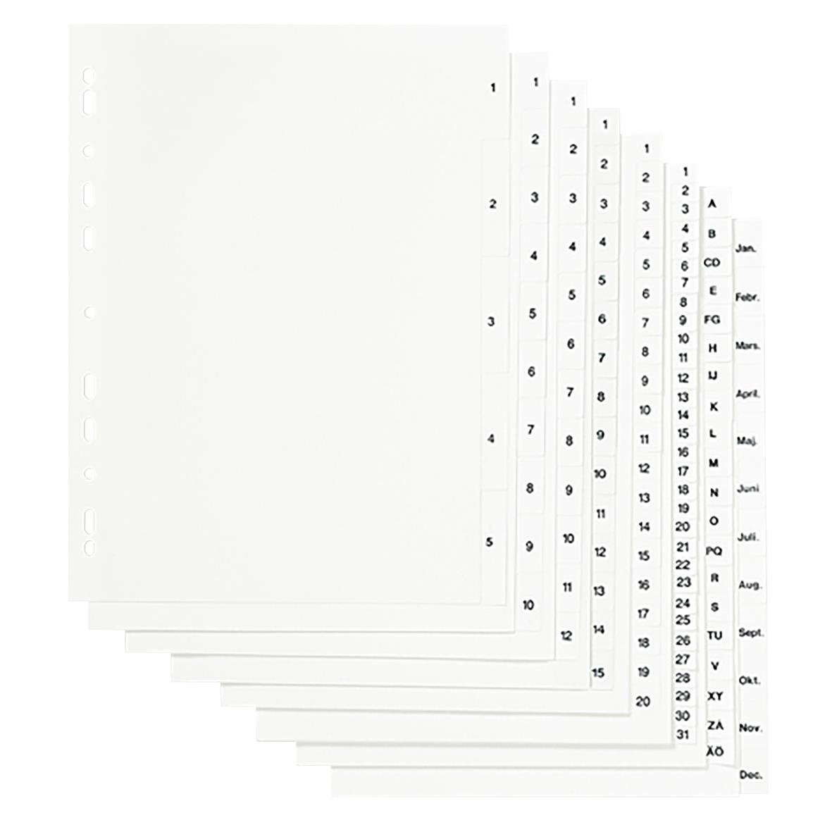 Pärmregister i plast för januari till december, A4-format, med färgade flikar och alfabetisk indelning