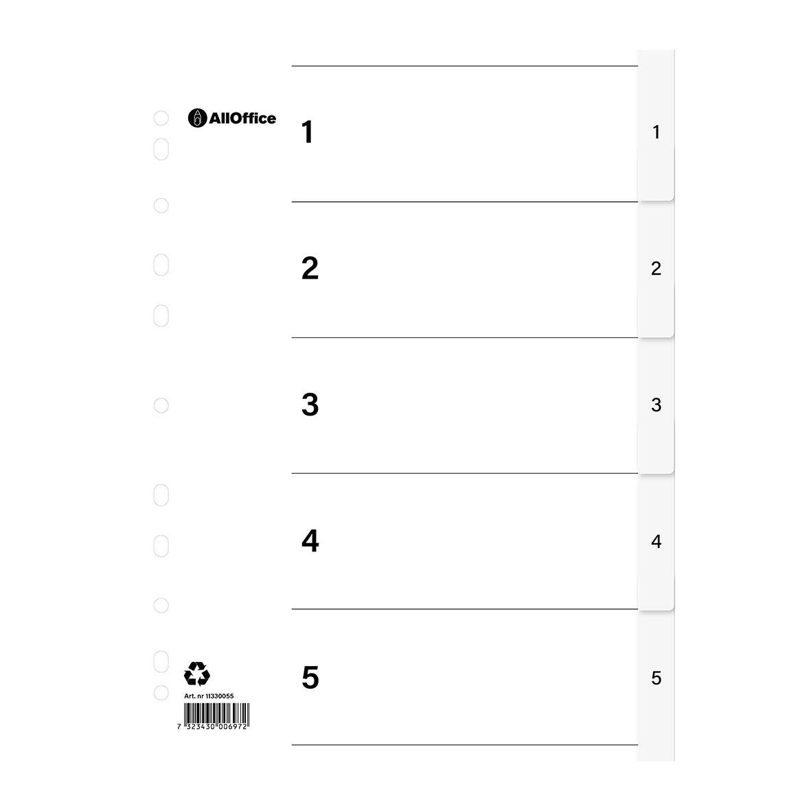 Pärmregister i plast med rubrikblad för 1-5 A4-sidor, vitt med numrerade sektioner