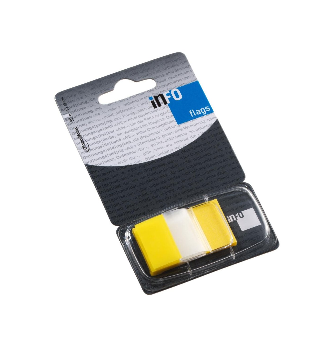 Gula märkflikar i plastbehållare, 25x43mm, 50 stycken