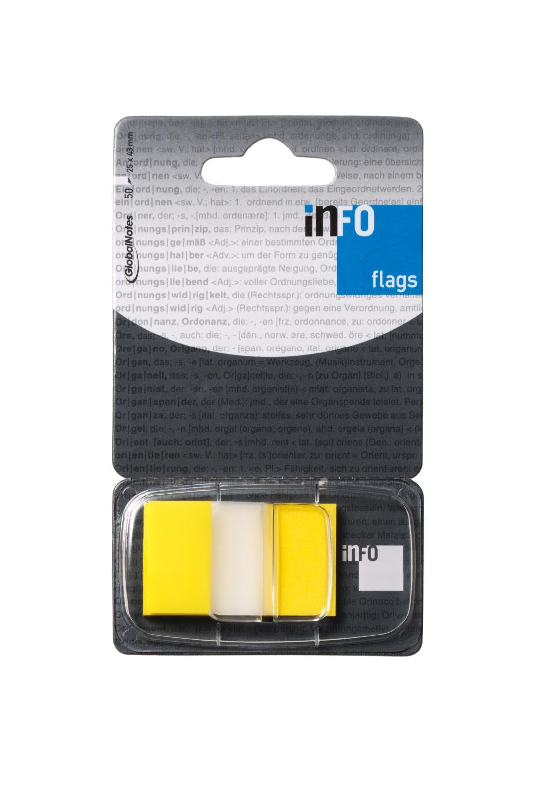 Gula märkflikar i plastbehållare, 25x43mm, 50 st