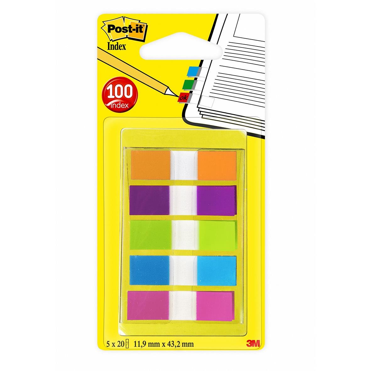 Post-it märkflikar i 5 färger, 5x20 flikar, 11,9x43,2mm, i plastficka