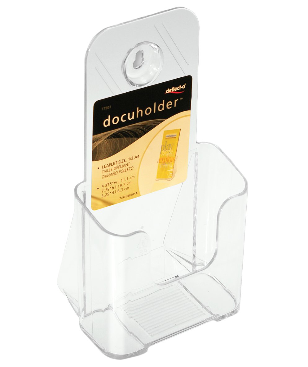 Klar broschyrställ av plast med plats för broschyrer och ett hål för upphängning