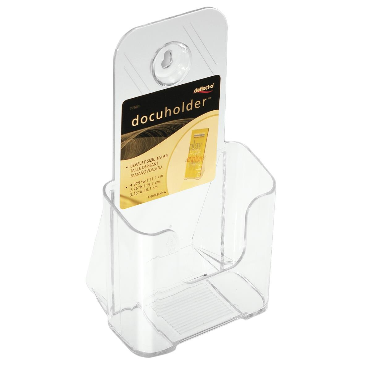 Klar broschyrställ av plast med plats för broschyrer och ett hål för upphängning