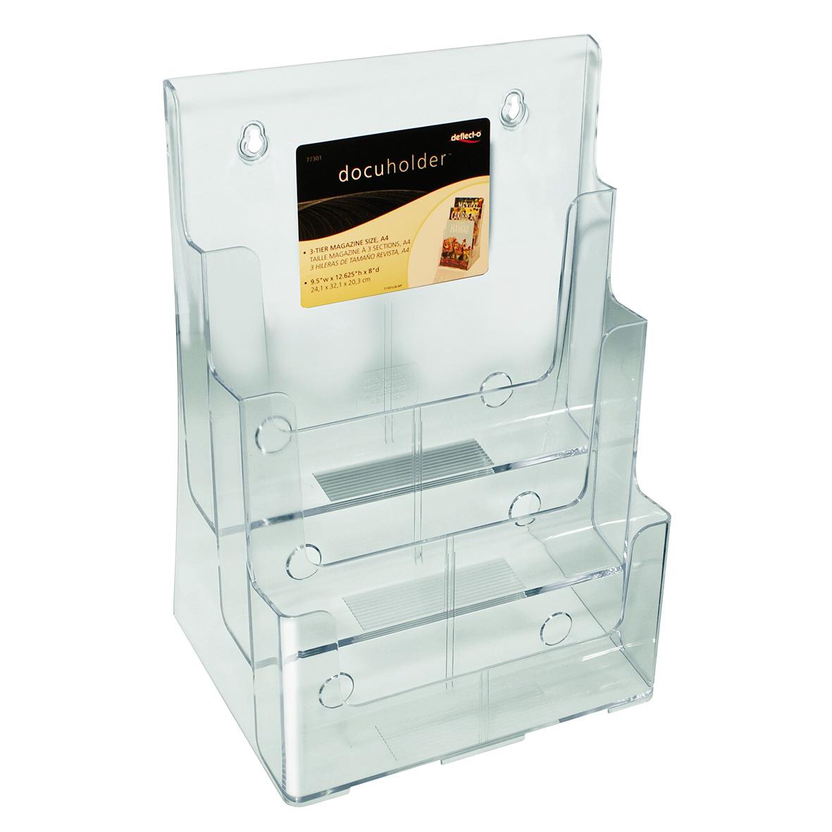 Trefackig broschyrställ i klar plast med tre fack för A4-papper