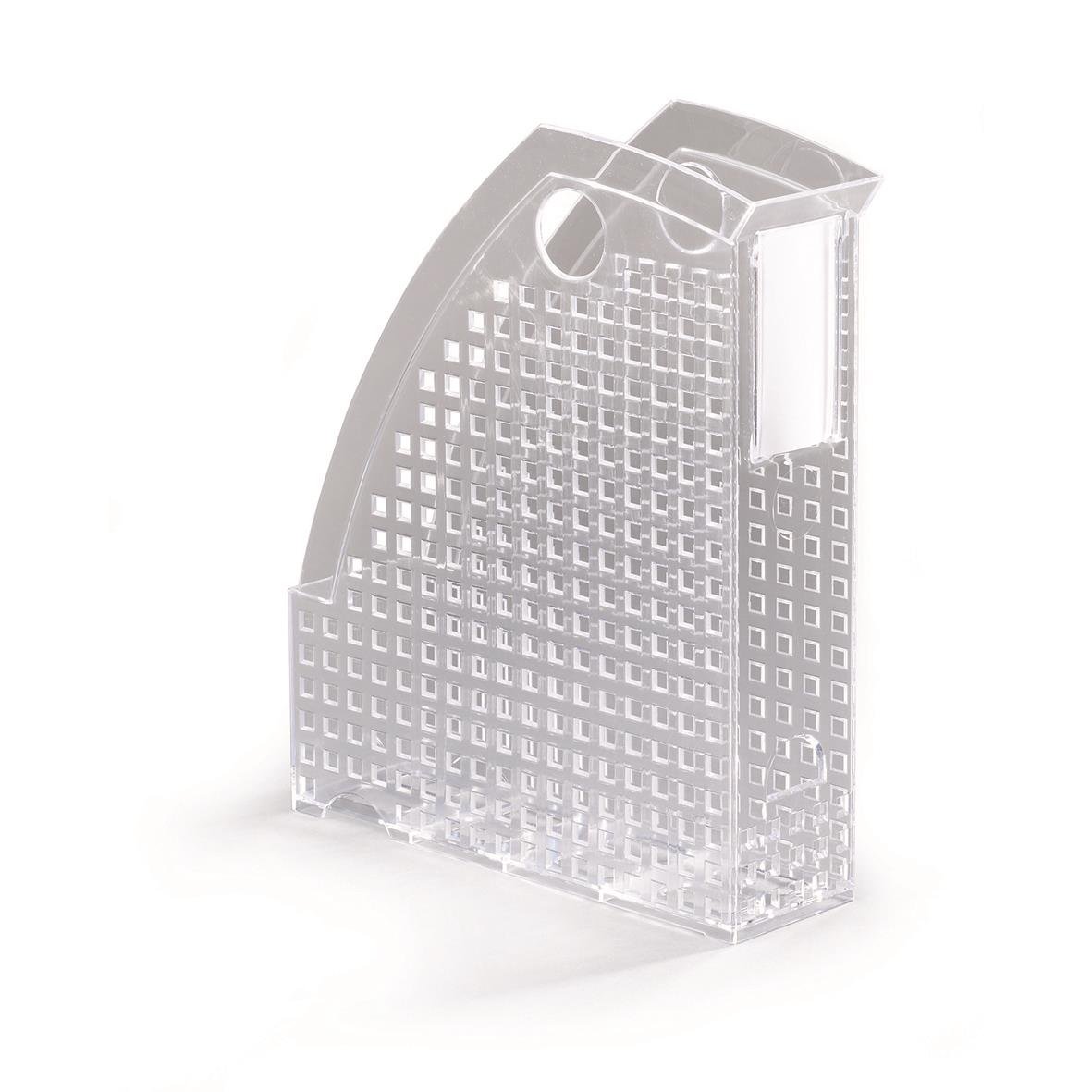 Tidskriftssamlare i transparent plast med A4-storlek och fack för tidningar