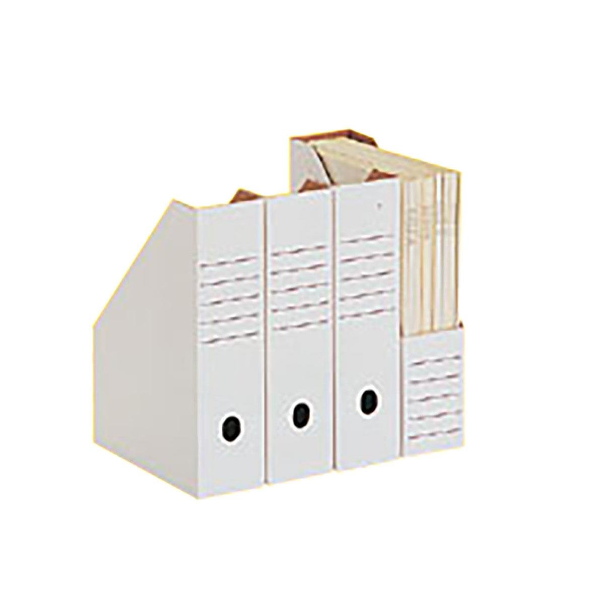 Vit tidskriftssamlare i wellpapp på gul bakgrund