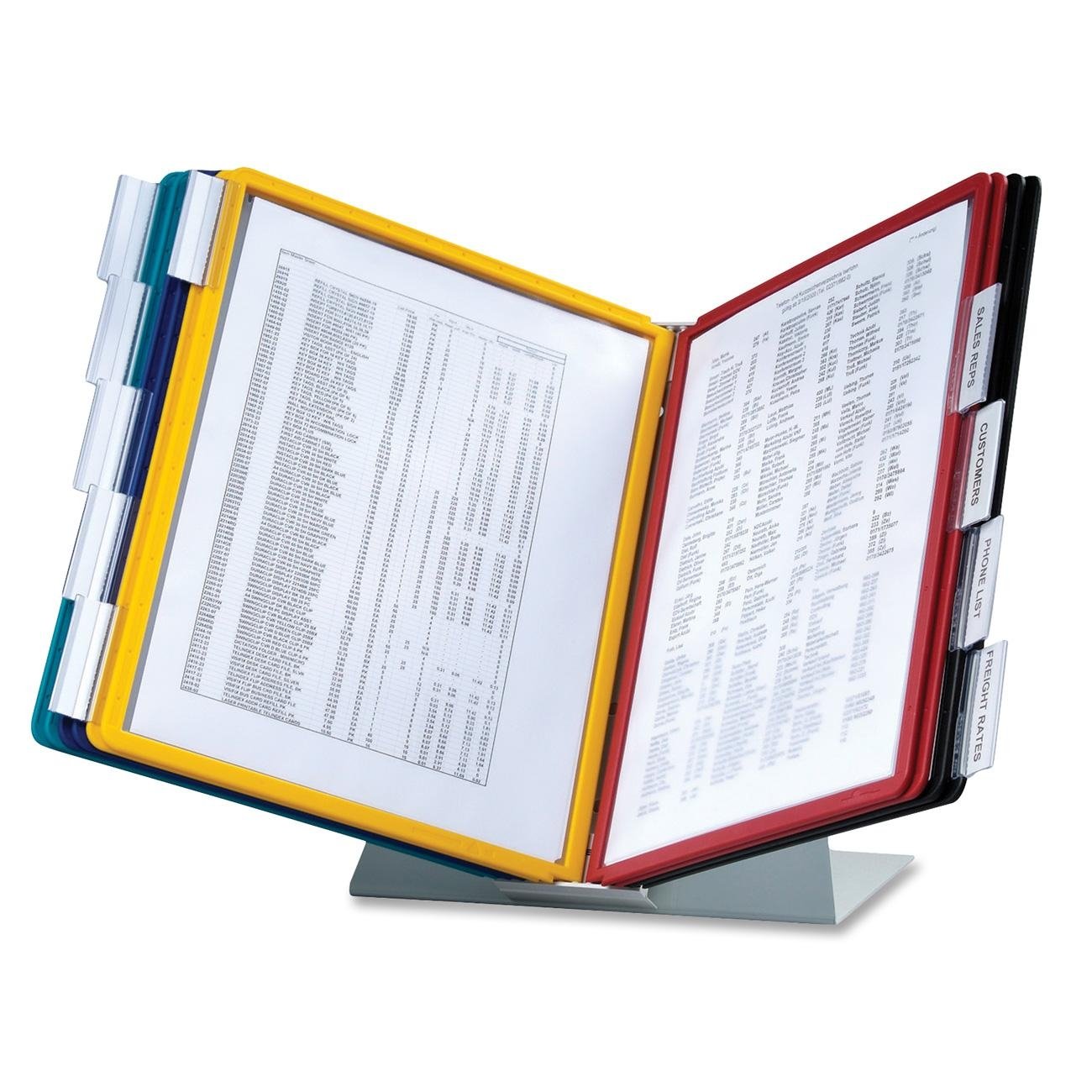 Bordsställ eller väggställ med 10 färgkodade paneler för A4-dokument, visar olika färger och dokument i stället för papper