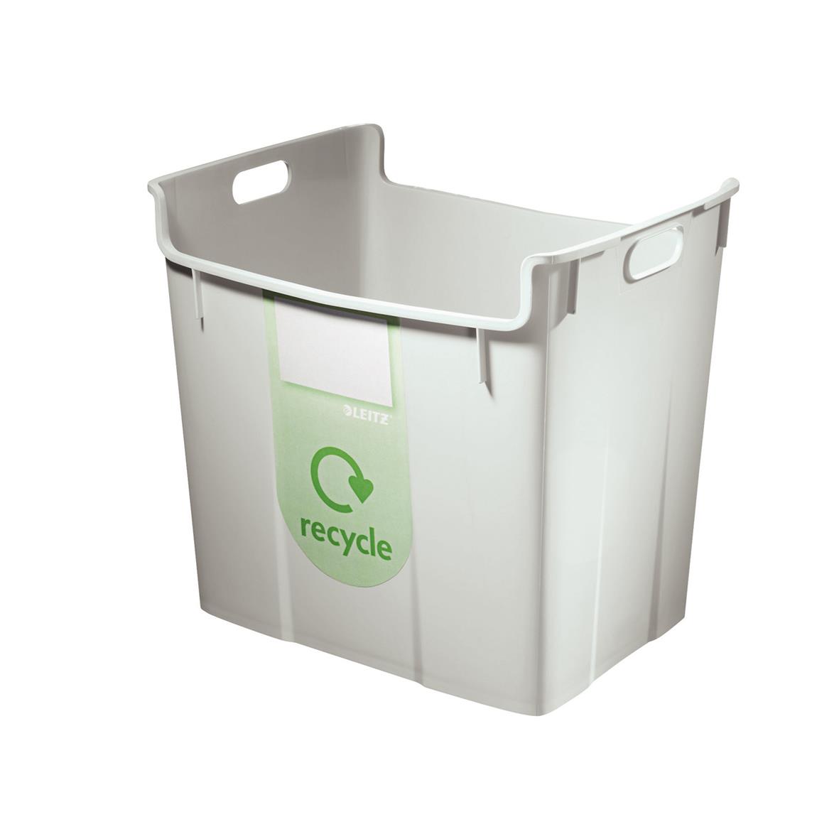 Grå papperskorg Leitz Basko 40 med recyclemärke och handtag