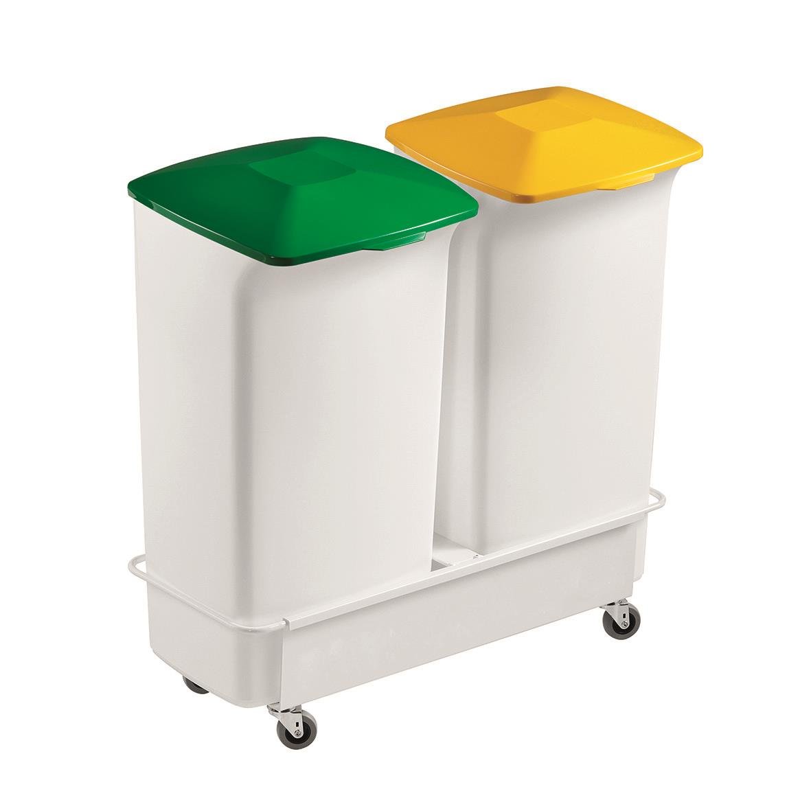 Vagn med två Durable Durabin 40L tunnor, en med grön och en med gul lock, på hjul