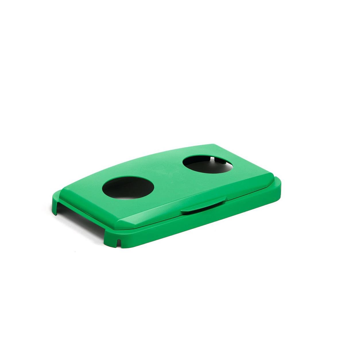 Grön återvinningskärl av hållbar plast med två öppningar för burkar