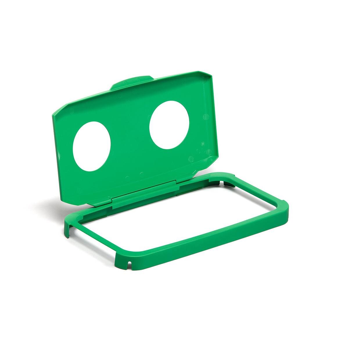 Grön plastlåda med lock och handtag, formad som en liten väska