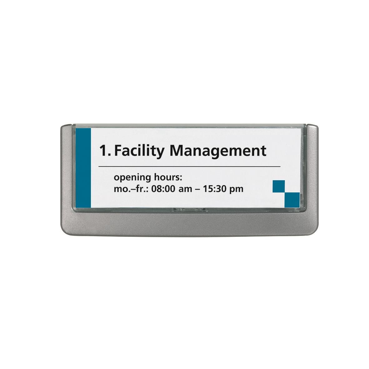 Dörrskylt för Facility Management med öppettider 08:00-15:30