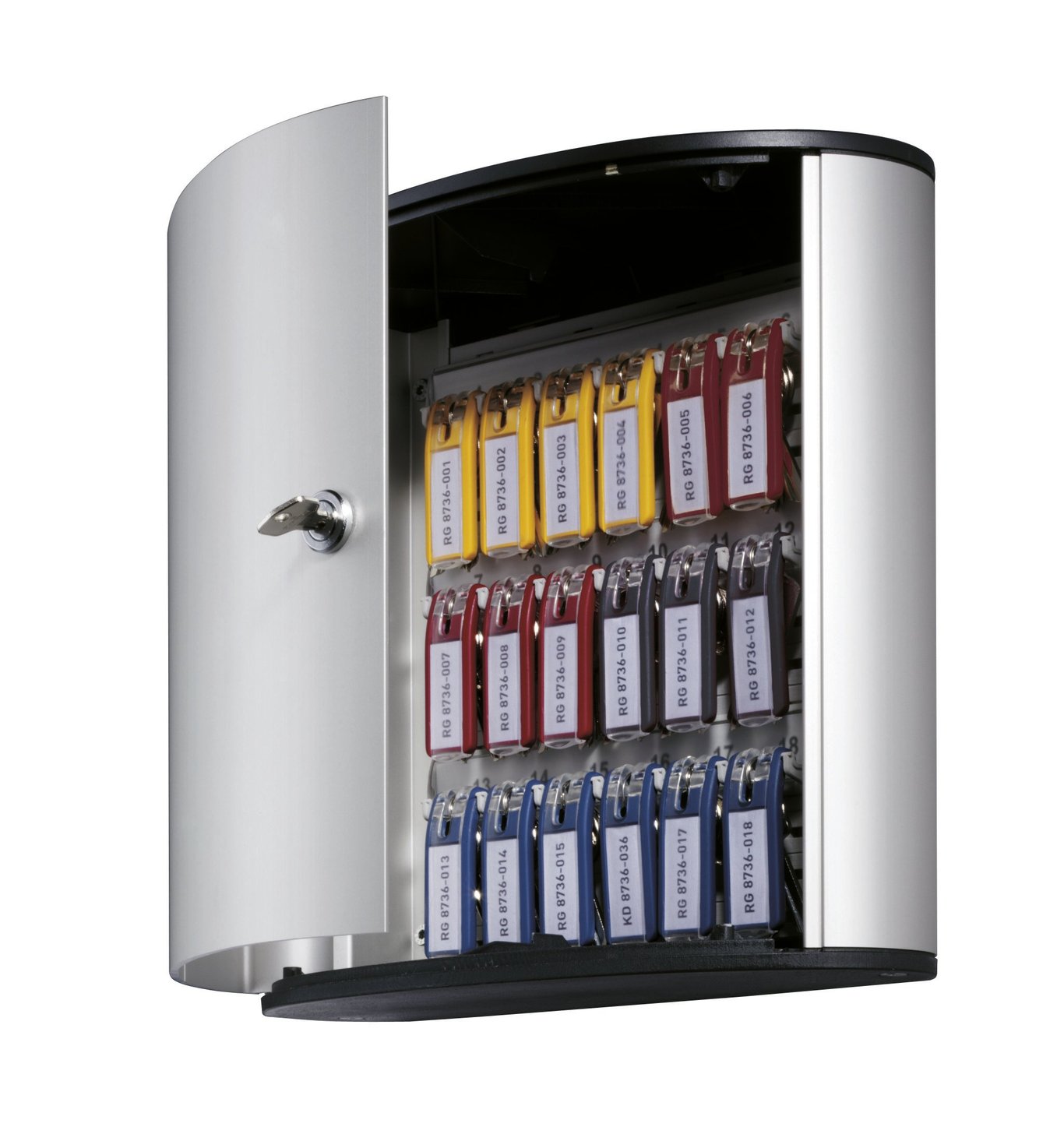 Nyckelskåp i metall med 18 nyckelfästen i olika färger och låst dörr