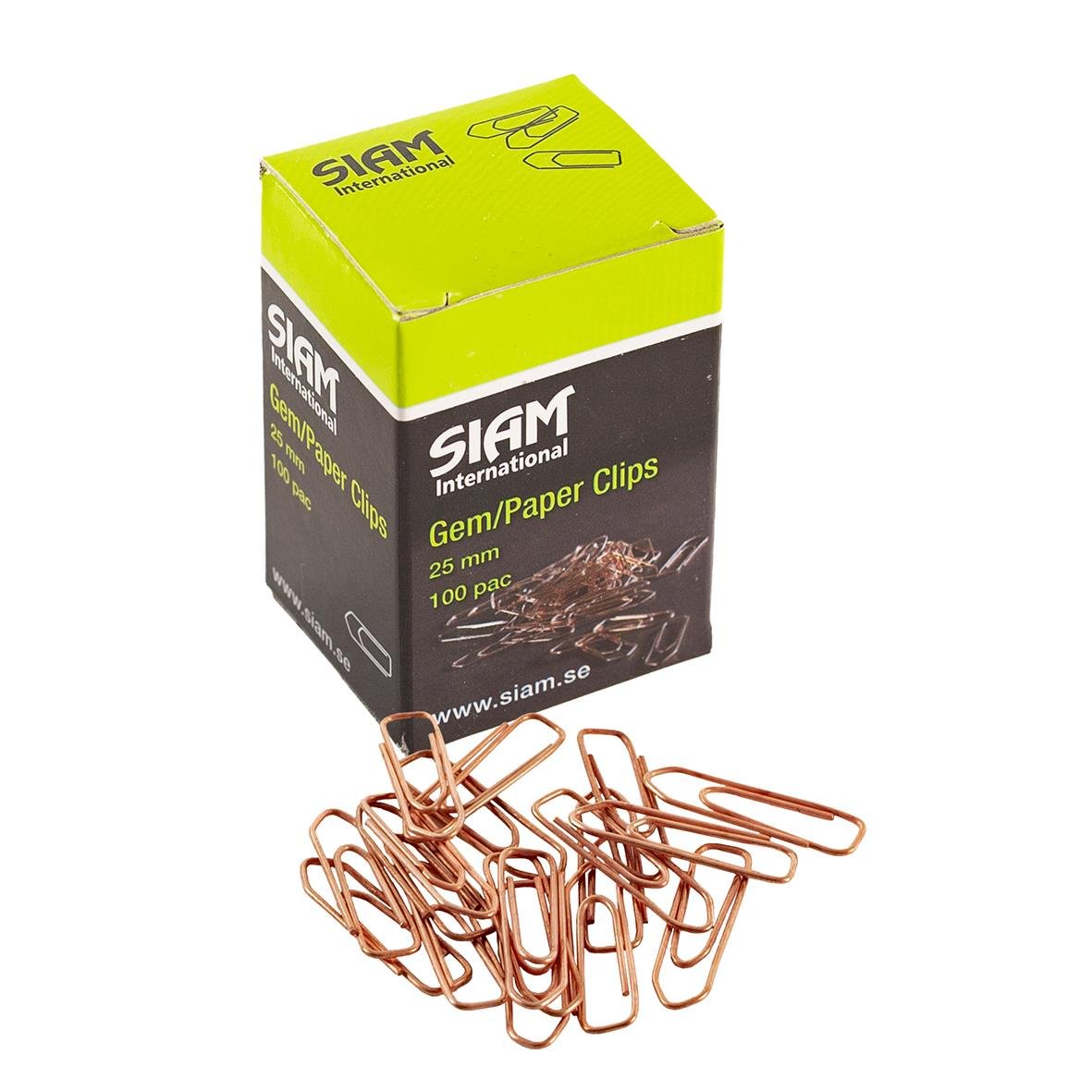 Guld- eller kopparfärgade gem och papperklämmor i förpackning