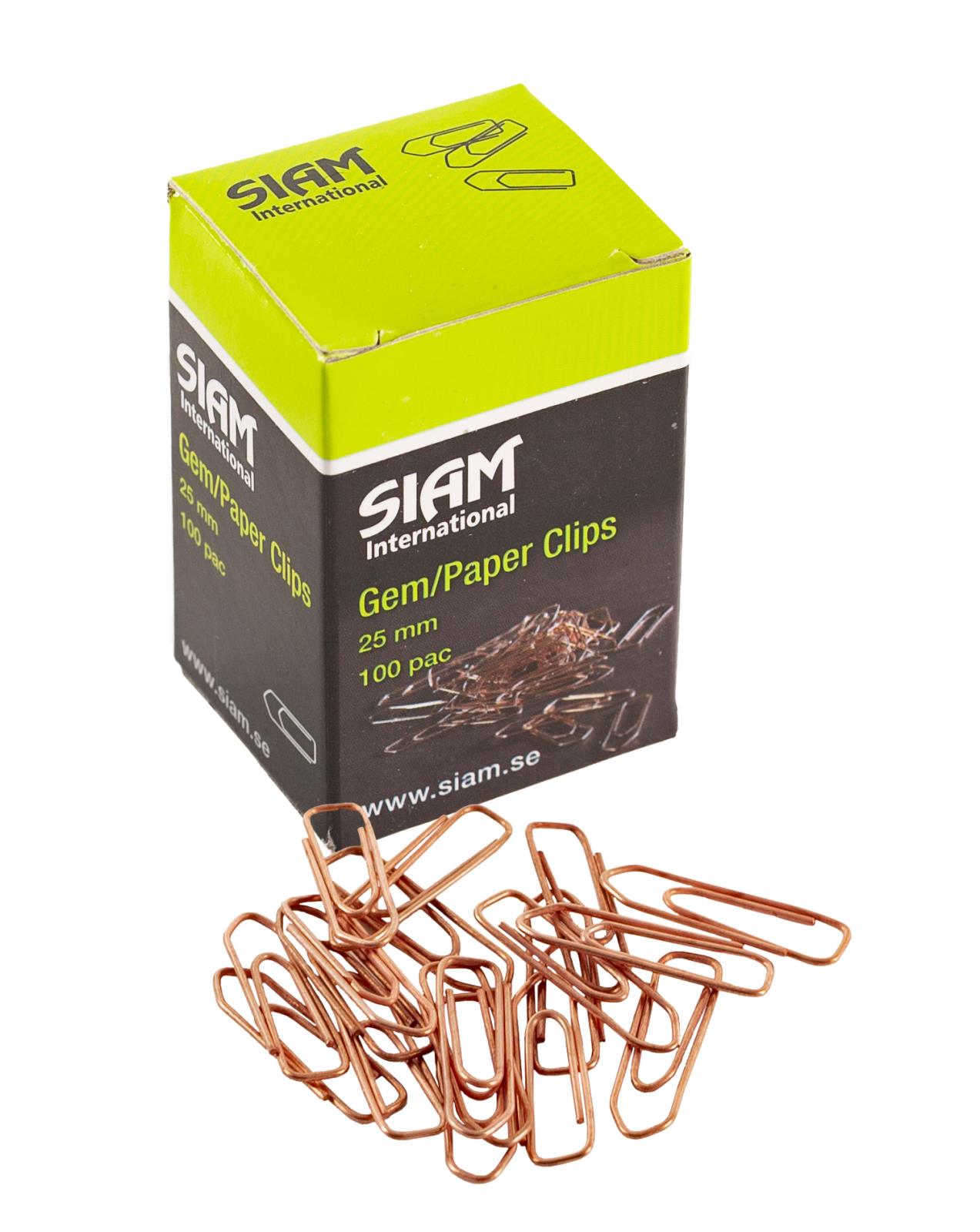 Guld- eller kopparfärgade gem och papperklämmor i förpackning