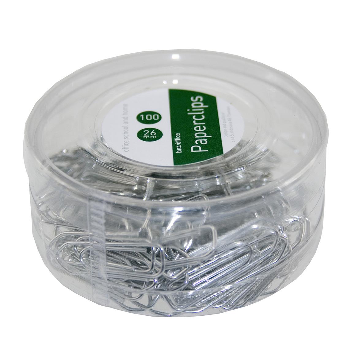 Rund metallklämma i silverfärg, 26 mm, i plastask med 100 stycken