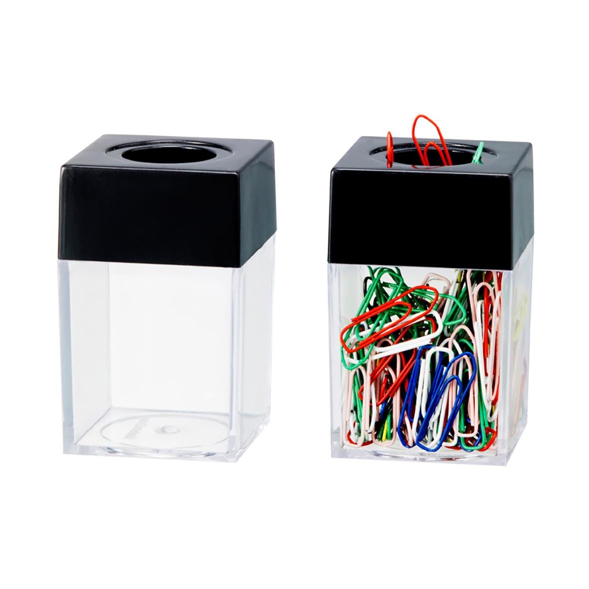 Transparent och svart gemkopp med lock, fylld med färgglada gem