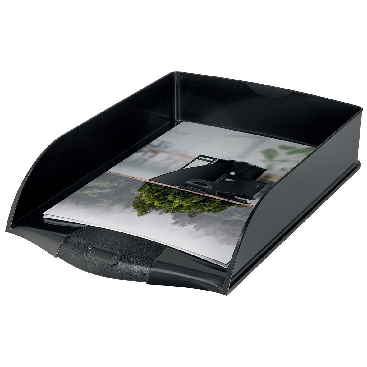 Svart Leitz Recycle brevlåda för A4-papper med tidningsstaplar