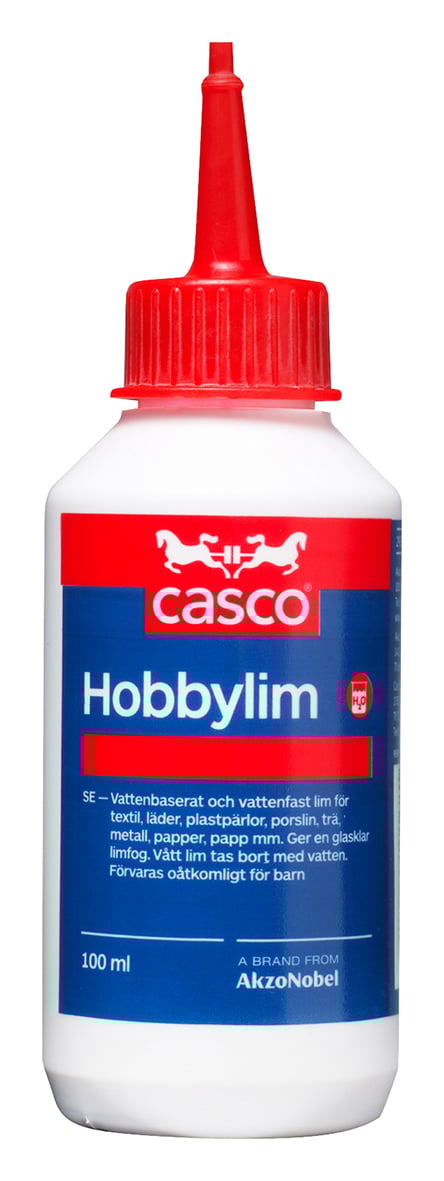Röd och vit limflaska Casco Hobbylim 110ml med blå etikett och droppspets