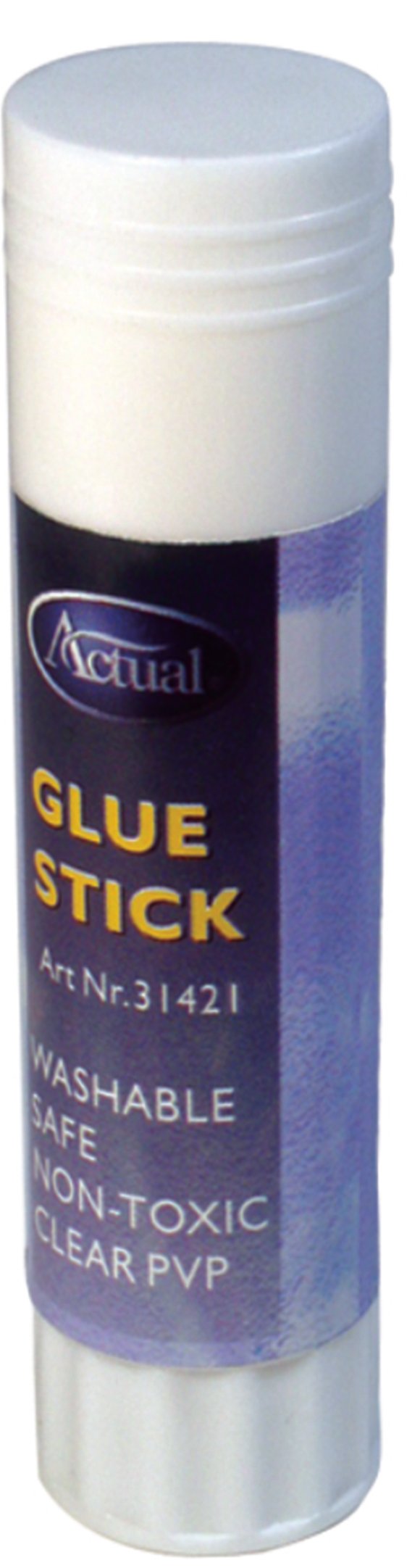 Limstift i vit plastbehållare med blå etikett som säger Glue Stick, washbar, safe, non-toxic, clear PVP