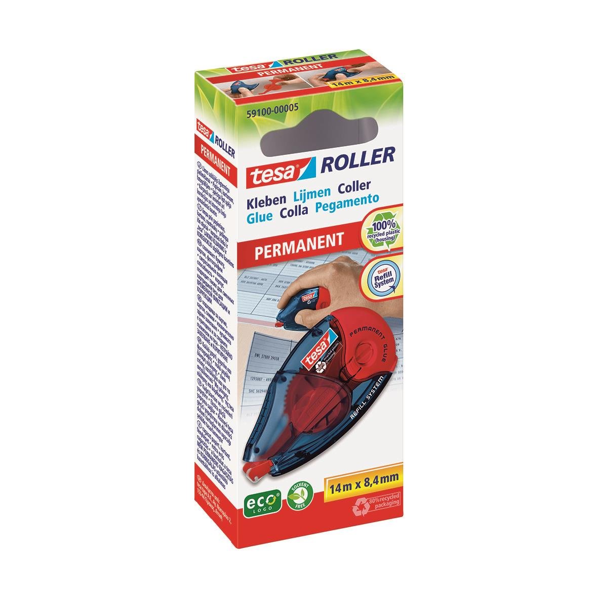 Limroller Tesa Automat Permanent EcoLogo 8,4mm x 14m i förpackning med handtag och rulle