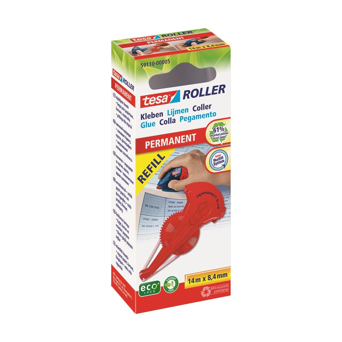 Limroller Tesa refill permanent 8,4mm x 14m i röd plastförpackning