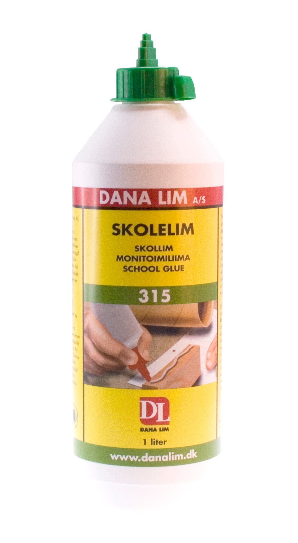 1-liters flaska skollim Dana Flaska med grön topp och gul etikett