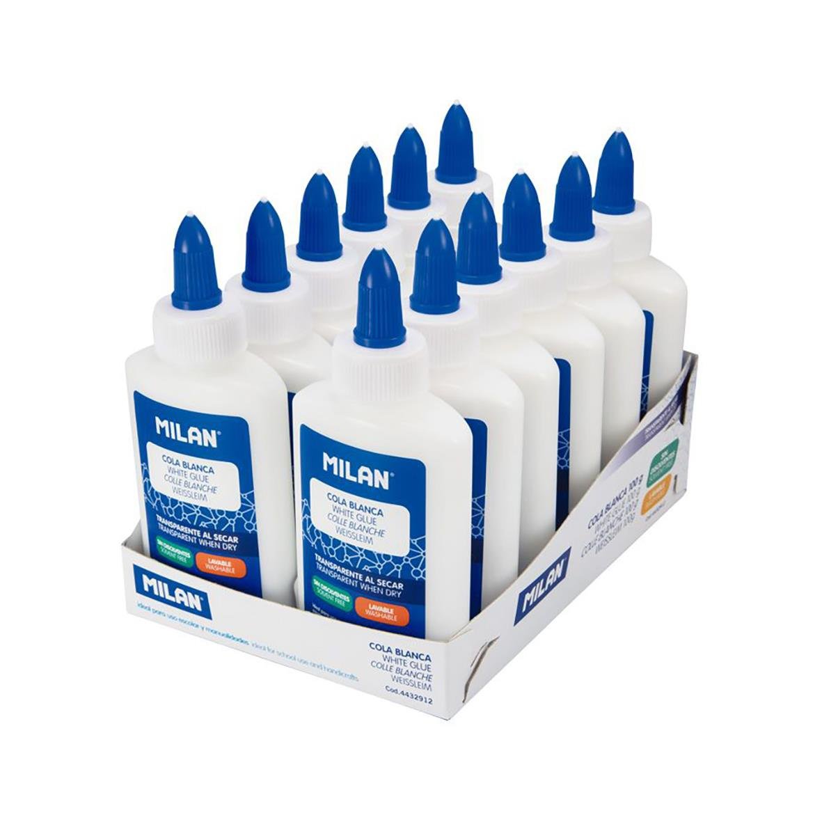 Skollim Milan 100ml flaskor med blå toppar i en display