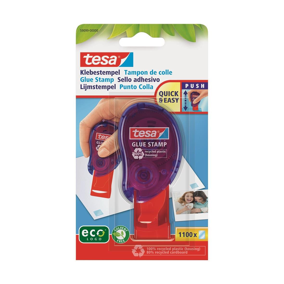 Tesa EcoLogo limstämpel i förpackning med blå och röd design