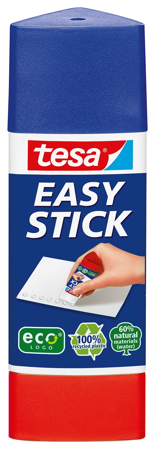Blå limstift Tesa Easy Stick EcoLogo 12g med miljömärkningar och bild av användning