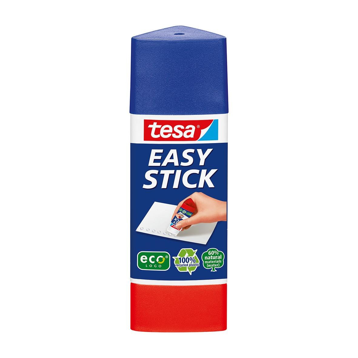 Blå limstift Tesa Easy Stick EcoLogo 12g med miljömärkningar och bild av användning