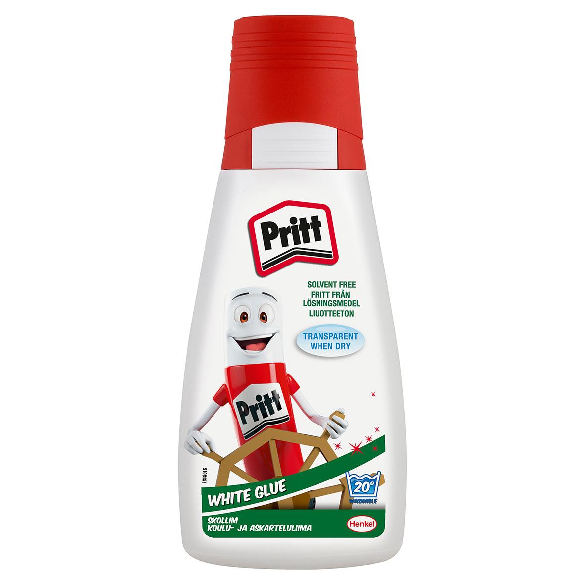 Pritt vit lim 100g med tecknad karaktär och text om att den är lösningsmedelsfri och vattentålig