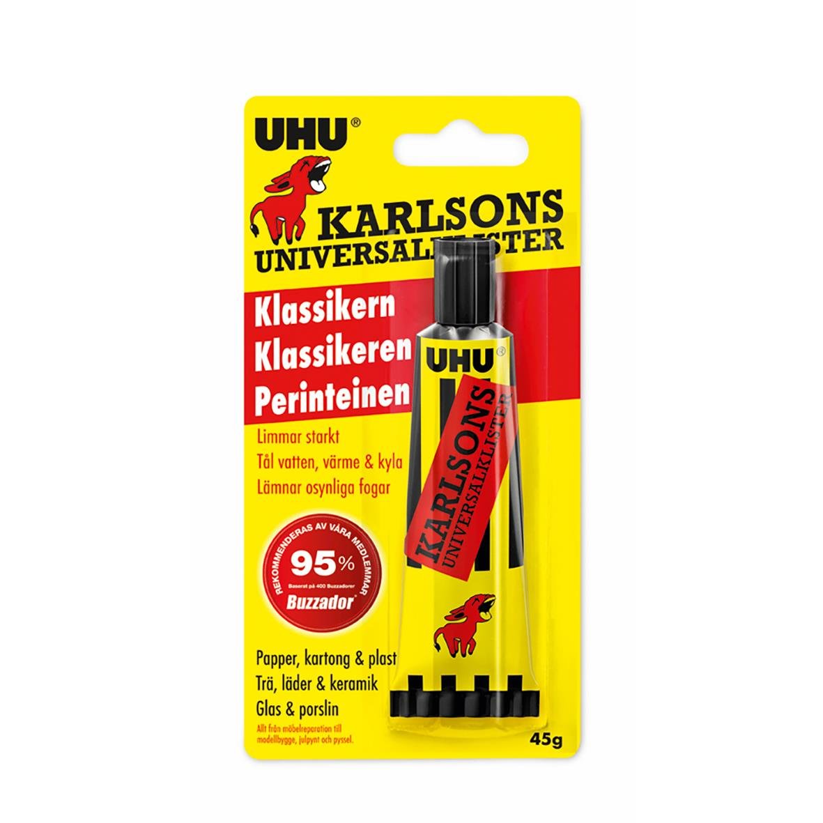 Lim Karlsons klister 45g i gul och röd förpackning med en röd drake och text