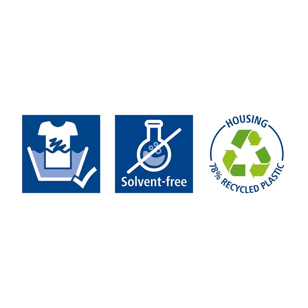 Två symboler: tvättar med vatten, lösningsmedelsfri och återvinningssymbol för plast