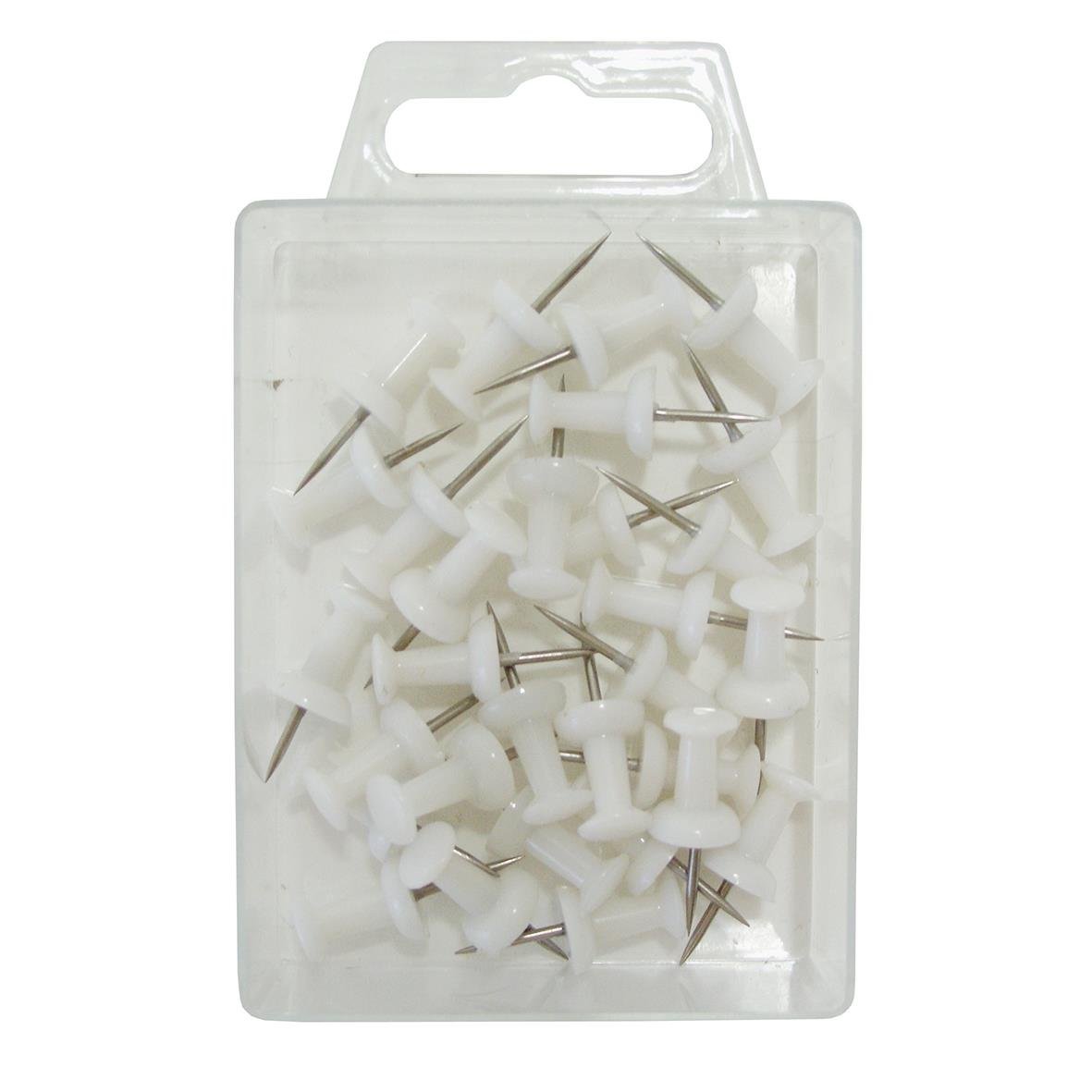 Vit push-pin med plasthuvud och metallspik i plastlåda