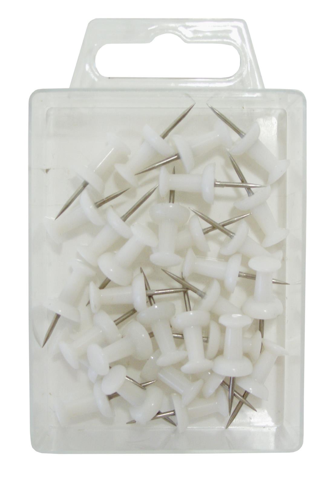 Vit push-pin med plasthuvud och metallspik i plastlåda