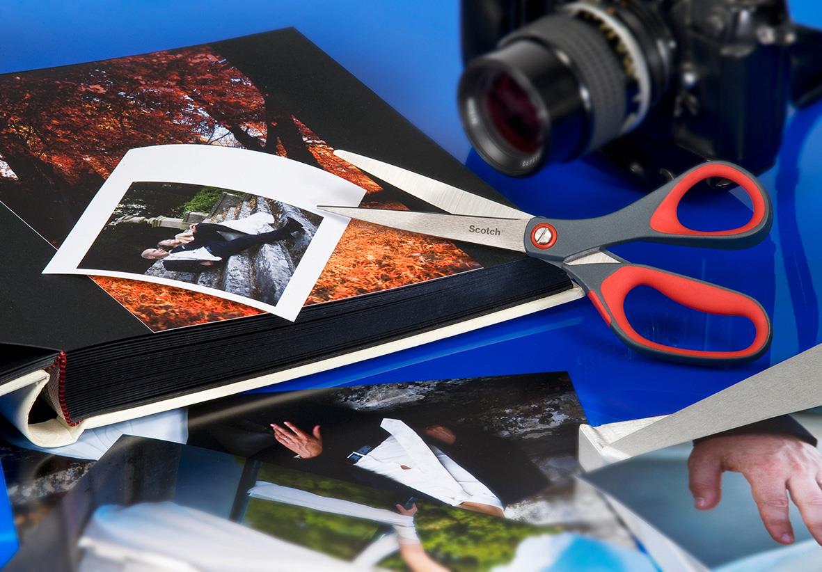 Sax Scotch Precision 200mm skärsax med bilder och kamera på bord