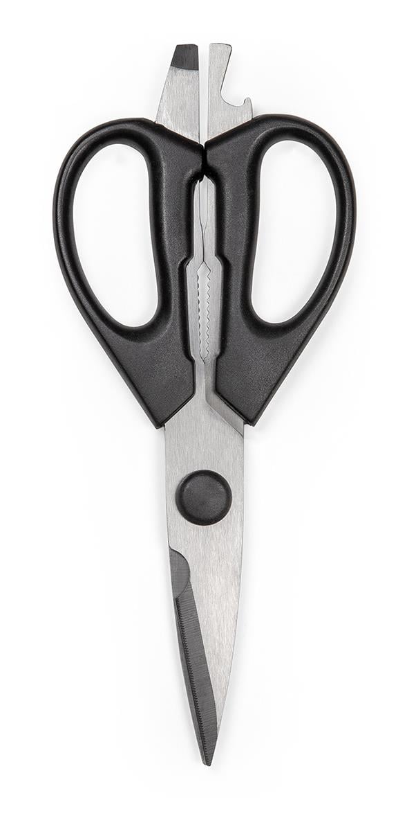 Skärsax med svarta handtag och metallblad, användbar i köket för att skära mat eller papper